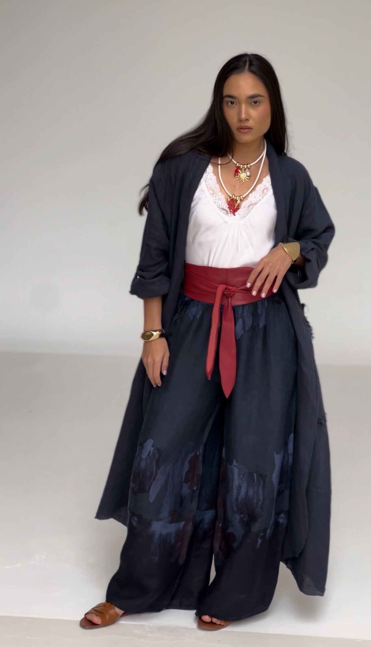 Back cord navy linen cardigan